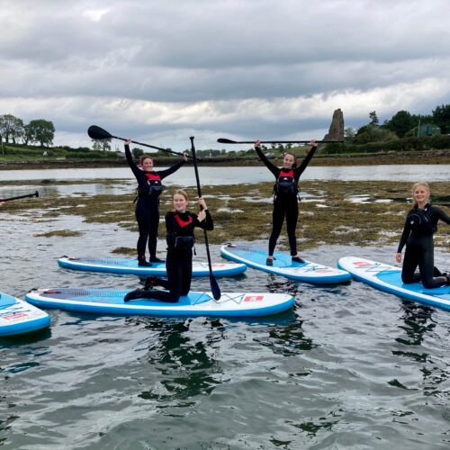 strangford-lough-activity-centre-kids-paddleboards-paddles-raised-overcast Kids Paddleboards Paddles Raised Overcast
