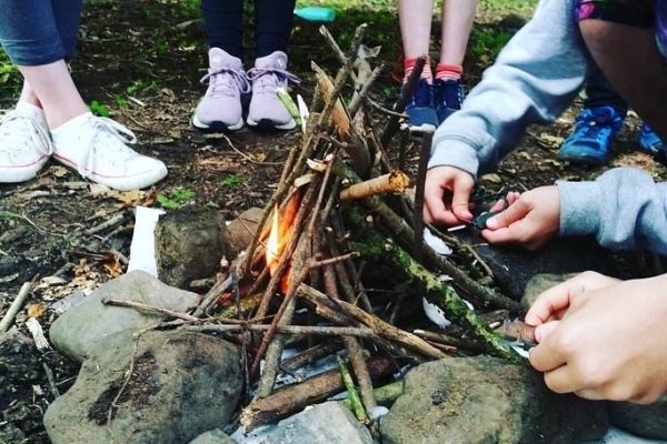 Children Group Campfire Firelighting